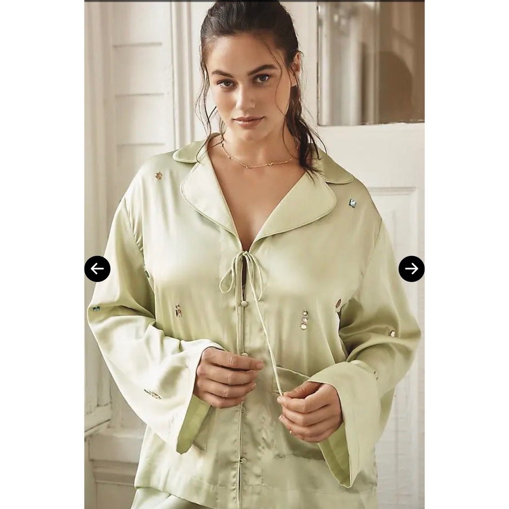 Anthropologie Light Green Embellished Button Up Shirt Jacket‎ Women's Medium